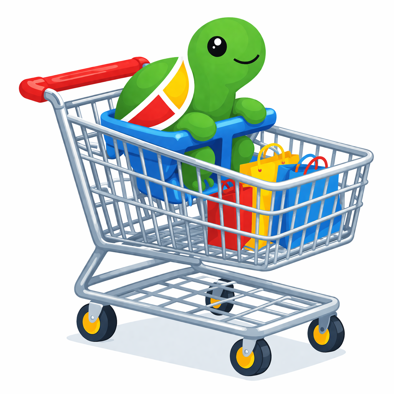 Trust Turtl mascot in a shopping cart